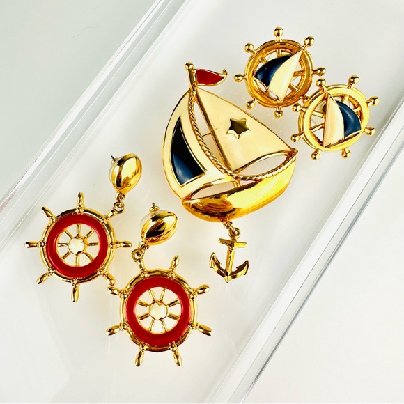 Avon Jewelry - Vintage Avon Three Piece Nautical Sailboat Helm Enamel Brooch Earrings